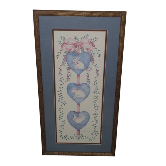 Framed Easter Art Print Virginia Welytok Bunny Chicken Lamb Hearts - Picture 1 of 3